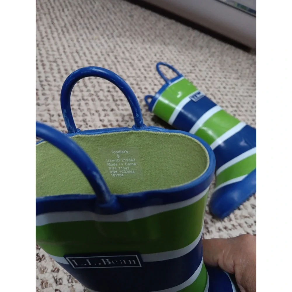 L.L. Bean Toddler Puddle Stompers Green And Blue Striped Rain Boots Size 9